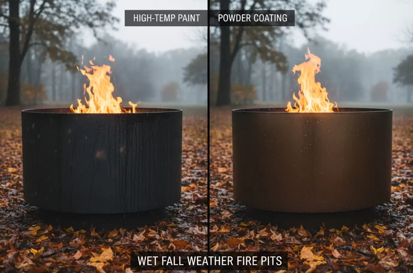 Hoge temperatuur verf versus poedercoating voor vuurkorven in natte herfstweer